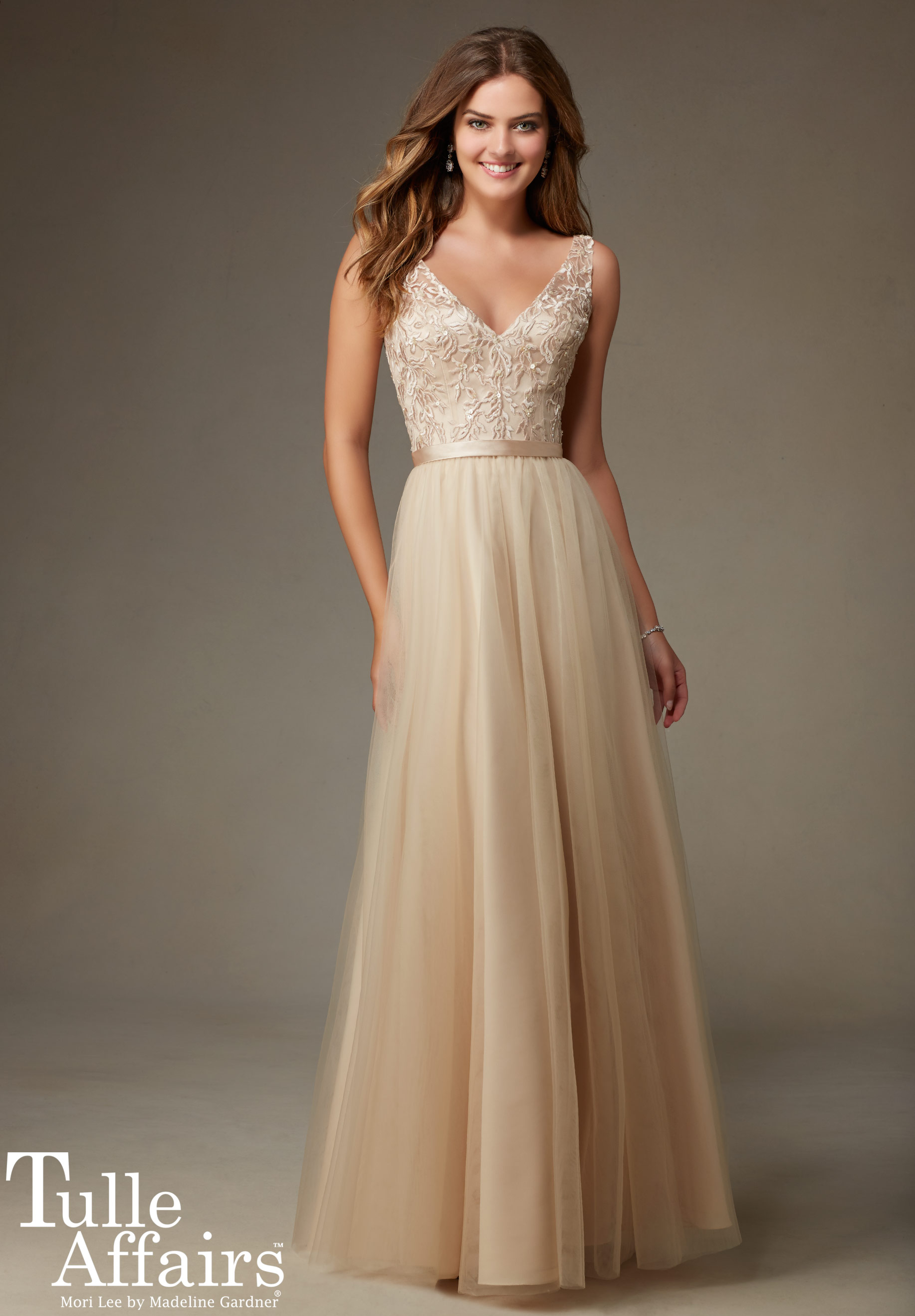 Bridesmaid dress by Mori Lee style 134 Long lace tulle dress